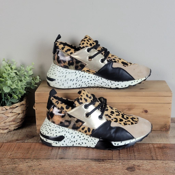 Steve Madden 8 Cliff Leather Leopard Animal Print Sneakers Shoes Lace Up Fashion - Picture 1 of 16